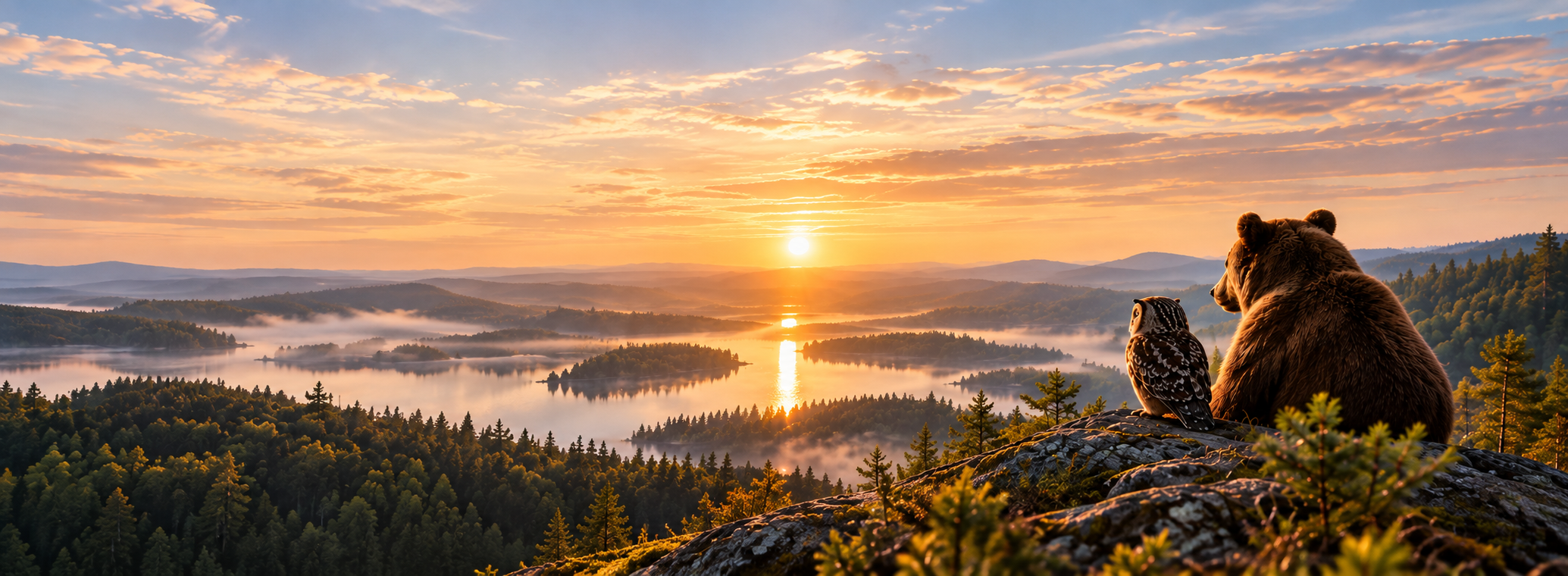 Karhu ja pöllö istuvat kalliolla ja katsovat yhdessä kultaista auringonnousua järvimaiseman yllä