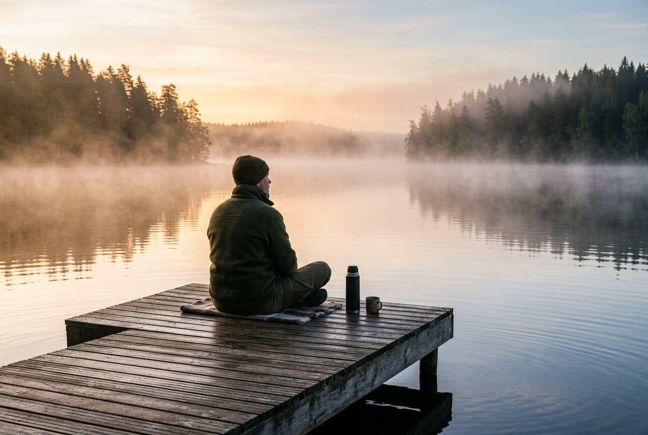 Ihminen istuu hiljaa laiturilla usvaisen järven äärellä auringonnousussa