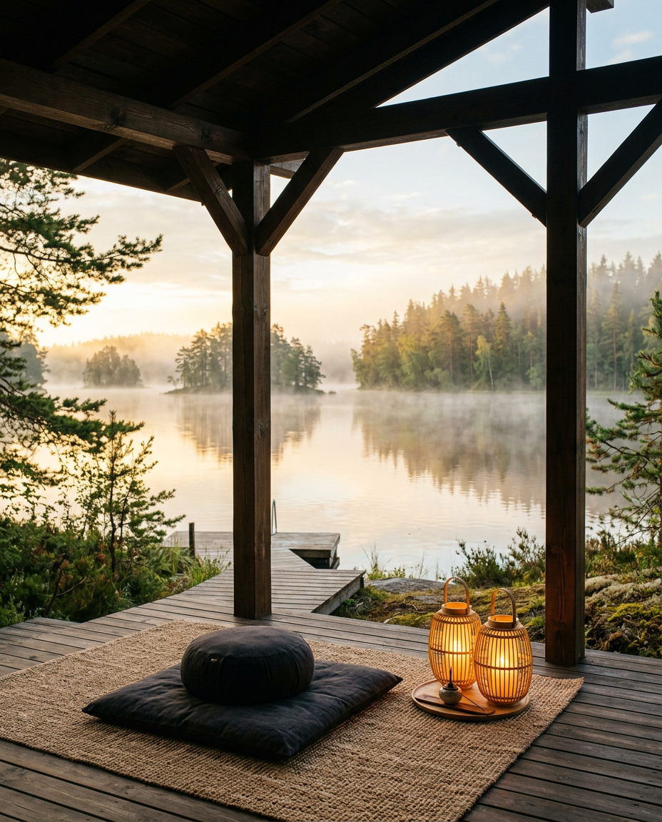 Puinen meditaatiopaviljonki, jossa istuintyyny ja lyhdyt, avautuu usvaiselle järvelle auringonnousussa